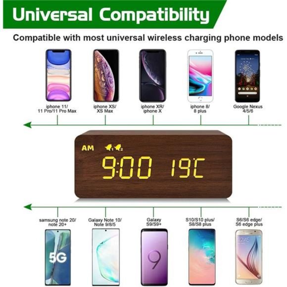 Digital Wooden Alarm Clock with Wireless Charging, 0-100% Dimmer, Dual Alarm - Picture 3 of 5